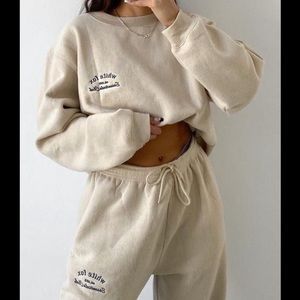 white fox oversized sweats set in sand
